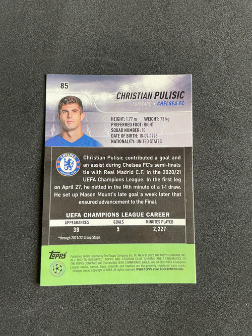 2021-22 Topps Stadium Club Chrome UCL Christian Pulisic #85 Refractor Card