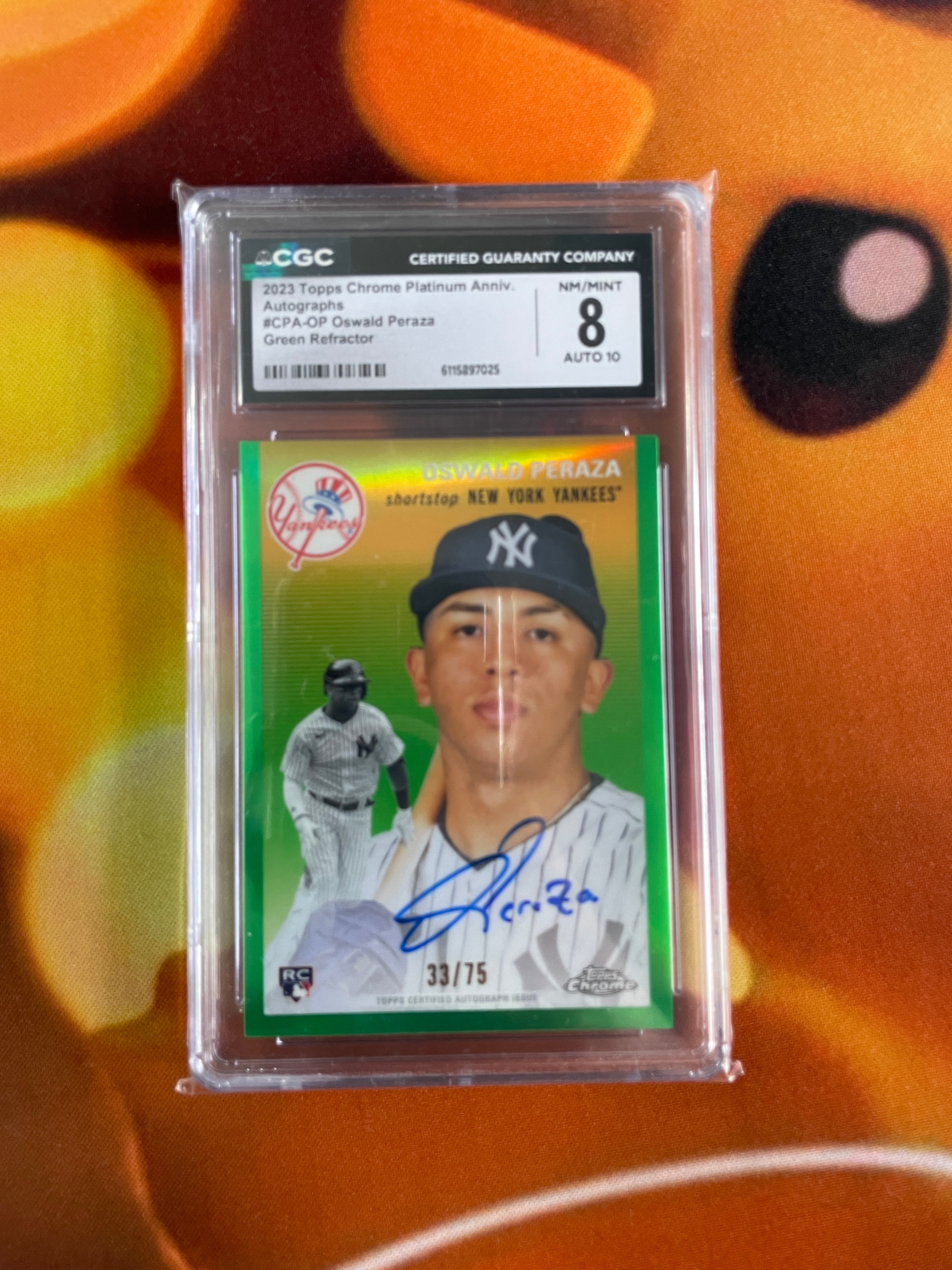 Oswald Peraza Green Refractor Auto /75 CGC 8 Auto 10 Graded Card